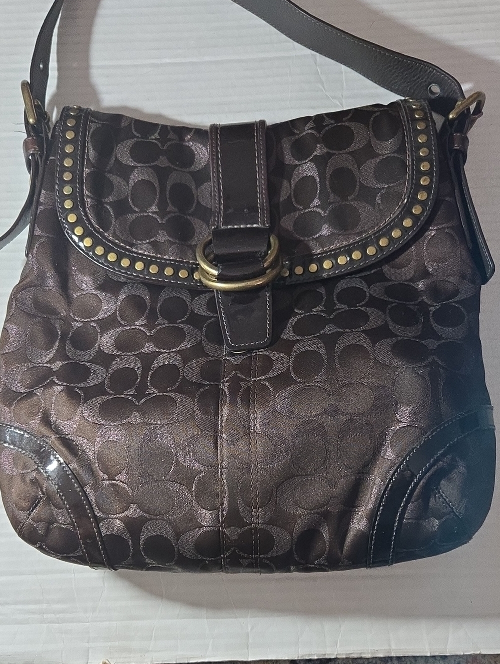 Coach Brown Signature Crossbody Bag with Studded Flap